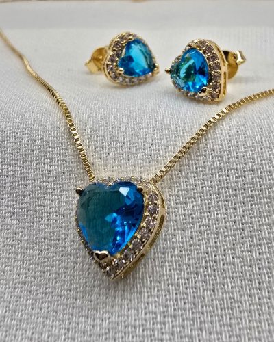Foto 01 Conjunto coração zirconia azul banho ouro 18k - 45cm