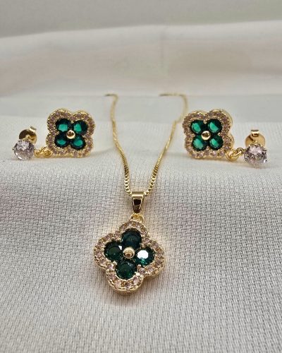 Foto 05 Conjunto trevo zirconia verde banho ouro 18k - 45cm