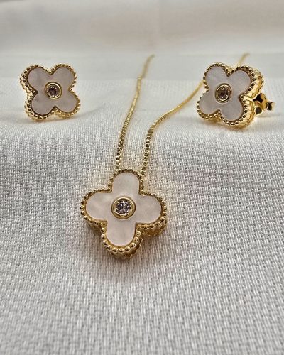 Conjunto trevo branco com zircônia banho ouro 18k - 45cm