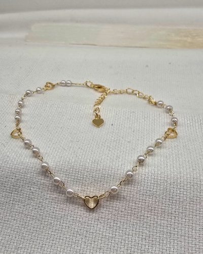 Pulseira perolas e coração banho ouro 18k - 18cm e 5cm de extenssor