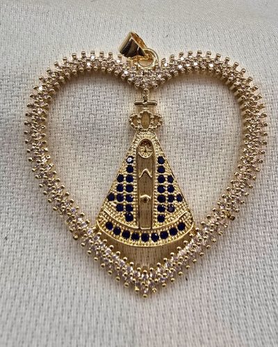Pingente Nossa Senhora Aparecida coração banho ouro 18k - 3,5cm