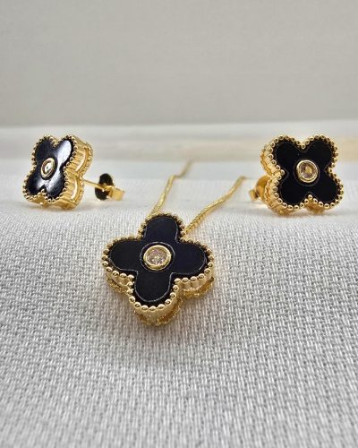 Conjunto trevo preto com zircônia banho ouro 18k - 45cm
