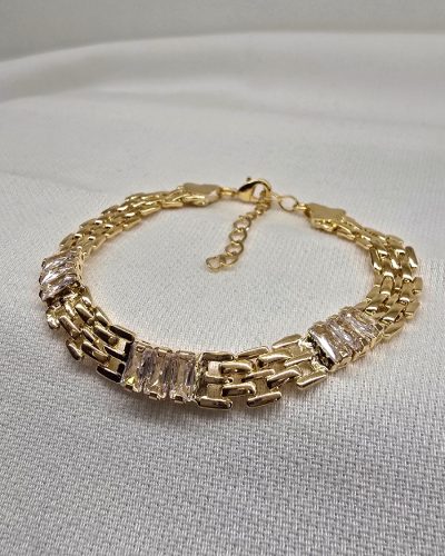 Pulseira larga com zirconia banho ouro 18k - 17cm e 5cm extenssor