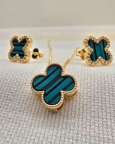 Conjunto trevo verde rajado banho ouro 18k - 45cm