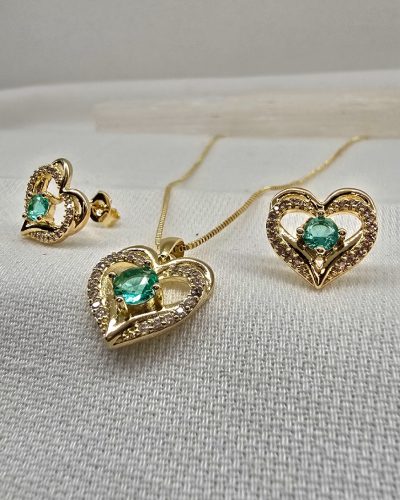 Foto 17 Conjunto coração vazado zirconia verde banho ouro 18k - 45cm