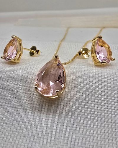 Foto 20 Conjunto gota zirconia rosa banho ouro 18k - 45cm