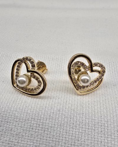 Brinco Coração Delicado com Pérola no Banho de Ouro 18k - 1,4 cm