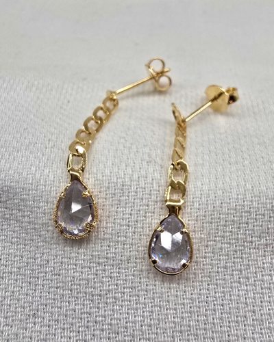 Foto 59: Brinco comprido gota zirconia banho ouro 18k - 2,9cm